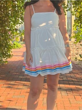 Main Strip White Tiered Sundress with Rainbow Hem